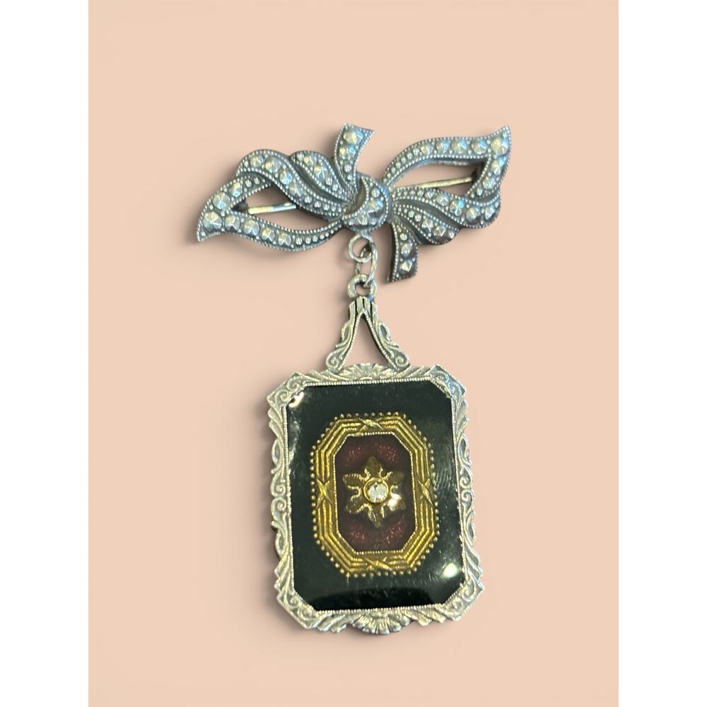 1928 Jewelry Co Dangling Book Locket Brooch Silver Tone Marcasite Style Pin